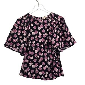 Rebecca Taylor Floral Flutter Sleeve 100% Silk Blouse Top Black Pink Size 2